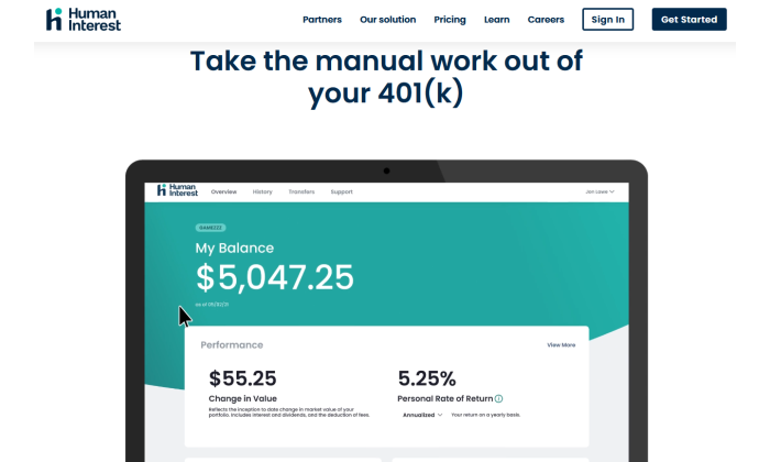 Human Interest 401k interface for Best Employee Retirement Plans