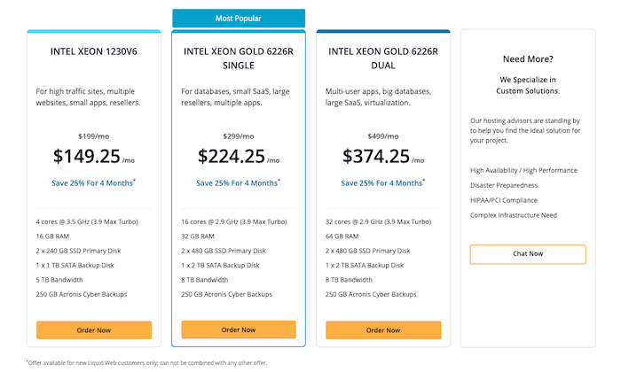 Liquid Web pricing page for Best Dedicated Hosting