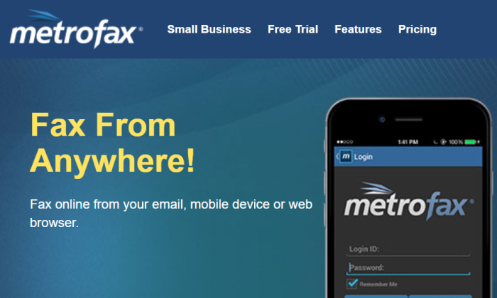 MetroFax splash page for Best Online Fax Services