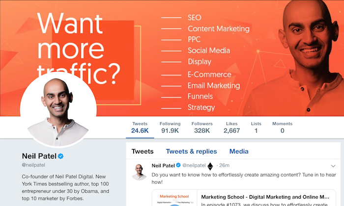 Neil Patel Twitter profile for How to Start a Business