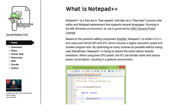 Notepad ++ splash page for the best HTML editors