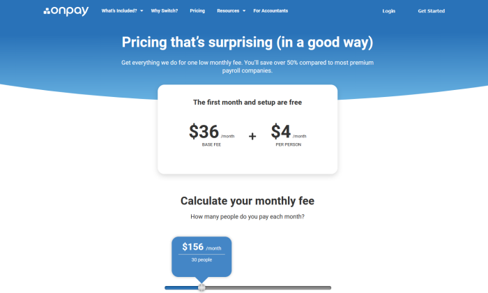OnPay pricing page for Best Payroll Services