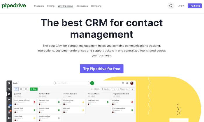 Pipedrive features splash page for Best Contact Management Software