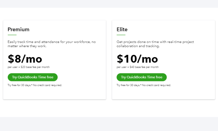 QuickBooks Time pricing page for Best Time Clock Software