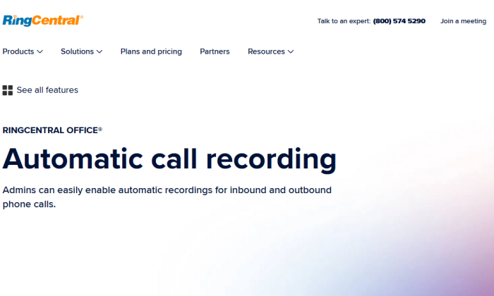 RingCentral call recording page for Best Call Recording Software