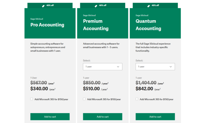 Sage 50Cloud pricing page for Best Accounting Software