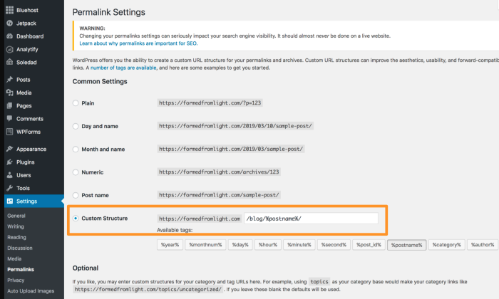 Configuración de enlace permanente de WordPress para Cómo Crear un sitio web de WordPress