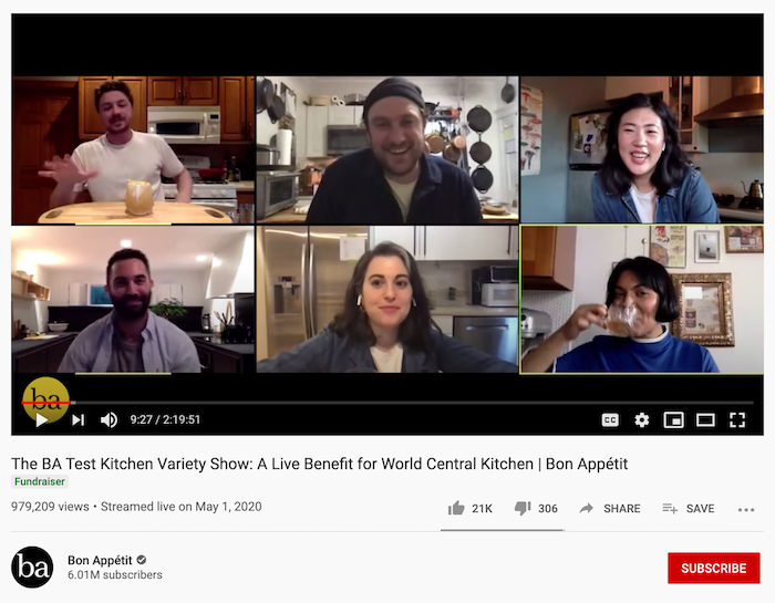 six écrans YouTube Live Bon Appetit test cuisine