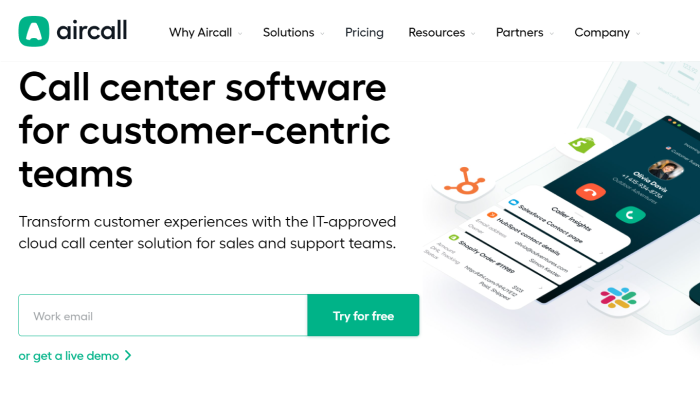 Aircall main page for Best Call Center Software