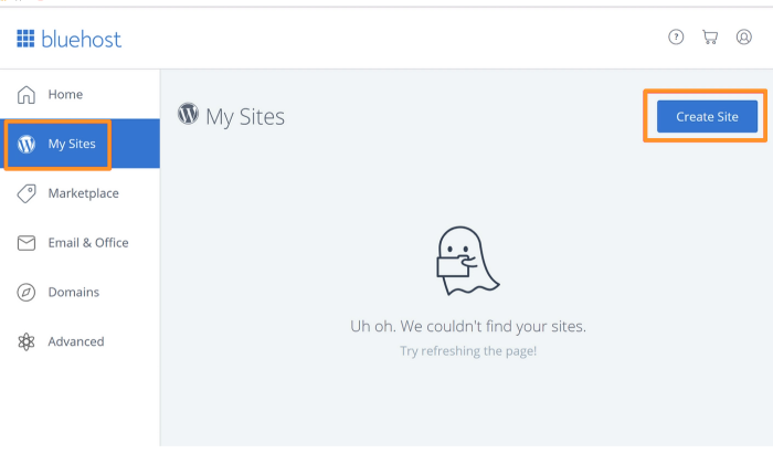 Bluehost my sites section for How To Build a WordPress Website