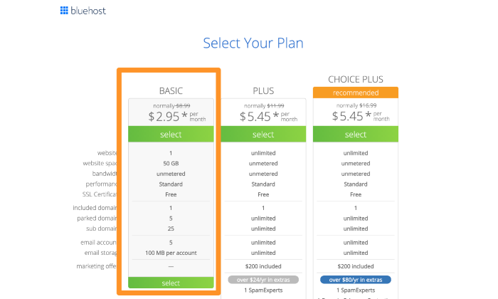 Select your Bluehost plan for How To Build a WordPress Website