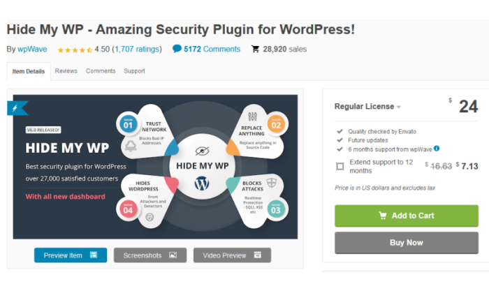 Hide My WP product page for Best WordPress Security Plugin