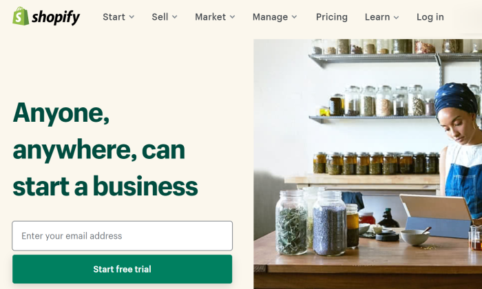 Shopify homepage for How to Create an Ecommerce Website