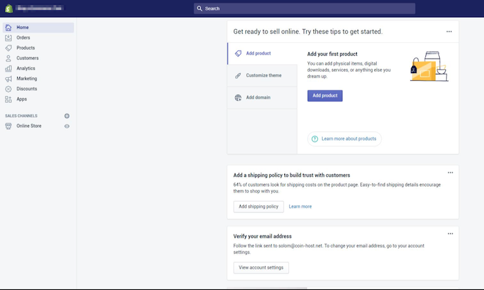 Shopify dashboard for How to Create an Ecommerce Website