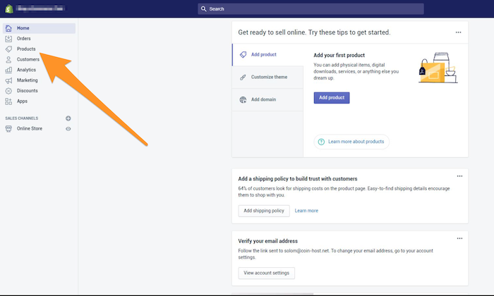 Shopify products tab for How to Create an Ecommerce Website