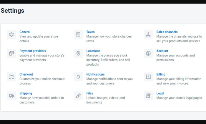 Shopify settings page for How to Create an Ecommerce Website