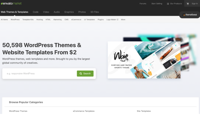 Envato Market/Theme Forest homepage for How To Build a WordPress Website
