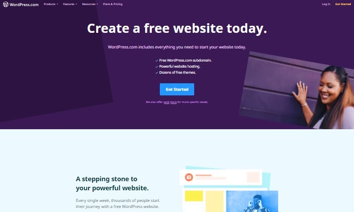 WordPress.com main page for Best Free Website Builders