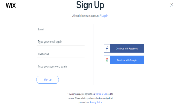Wix signup page for WordPress Vs Wix