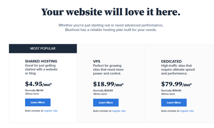 Bluehost overall pricing section for How to Get a Free Domain