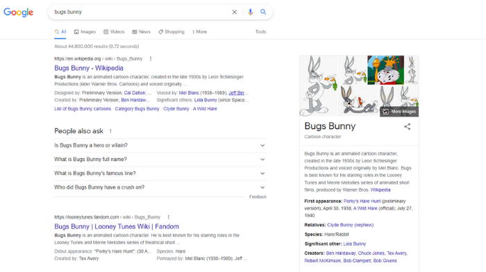 "Bugs Bunny" search on Google's continuous scrolling 
