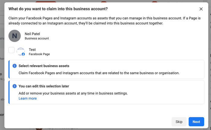 Select your facebook and Instagram accounts in Facebook Business Suite