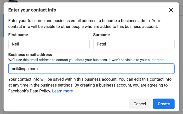 Contact information form in Facebook Business Suit