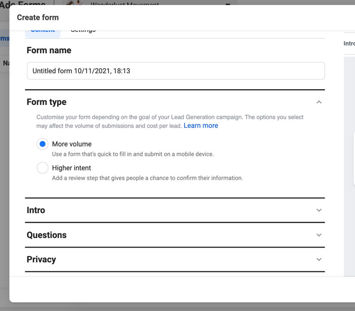 lead forms in facebook business suite