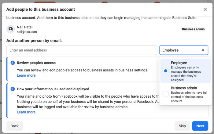 In Facebook Business Suite, add people to you business account