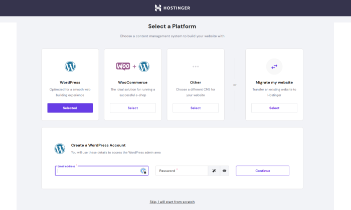 Hostinger setup select WordPress for How to Make Money Blogging