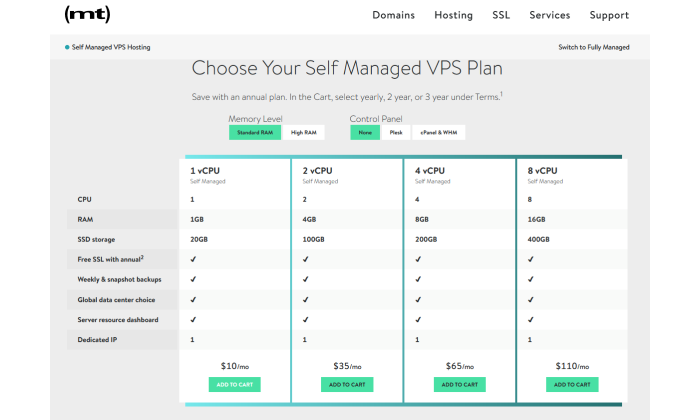 Media Temple self-managed pricing page for Best VPS Hosting