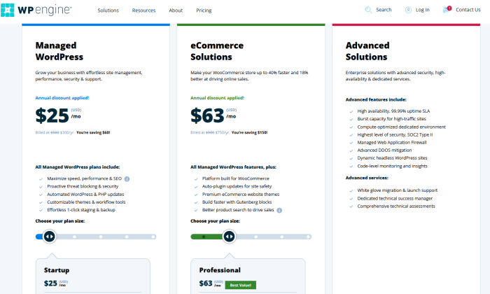 WP Engine pricing page for Best Web Hosting Services
