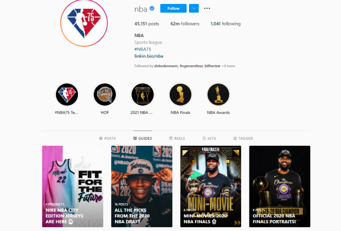instagram guides example from NBA sharing recent news 