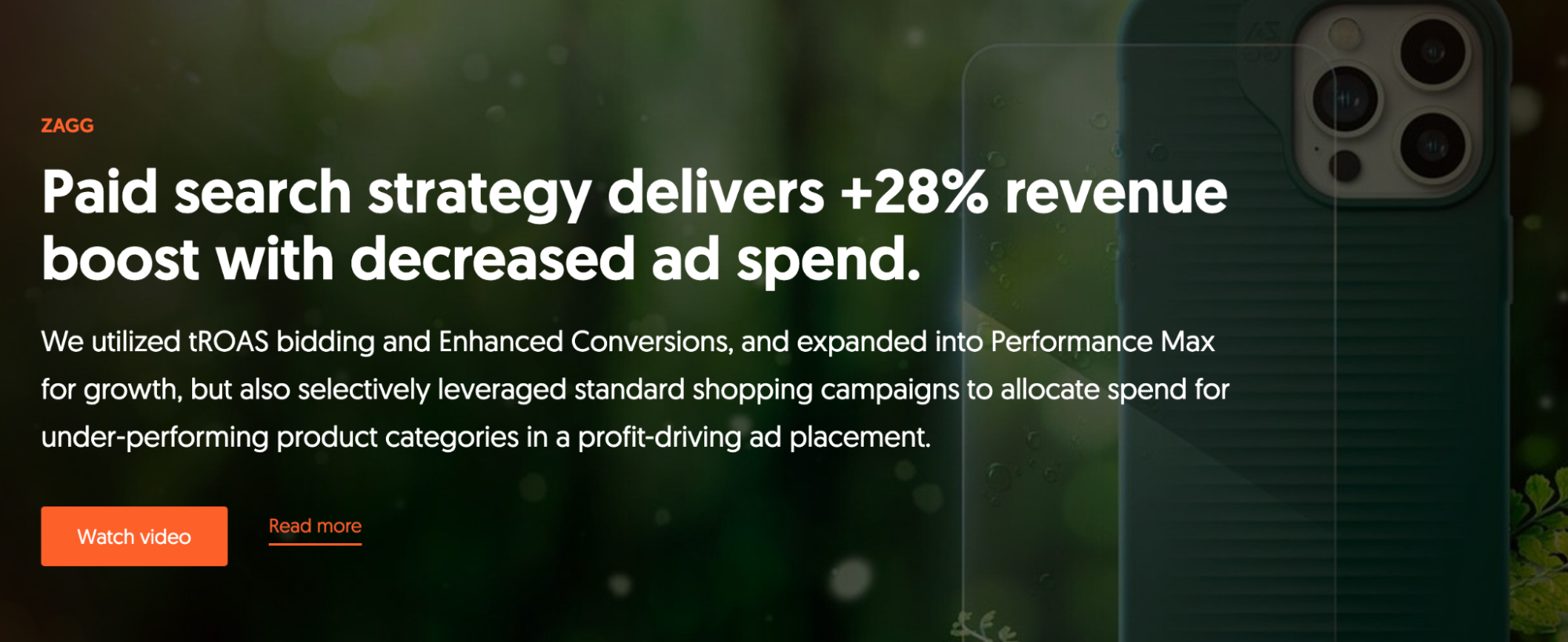 Zagg landing page with statistics for paid search strategy and revenue boost.