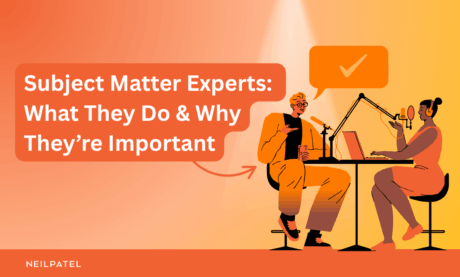 Illustration of two people working at a desk with microphones and text that reads "Subject Matter Experts: What They Do & Why They’re Important."