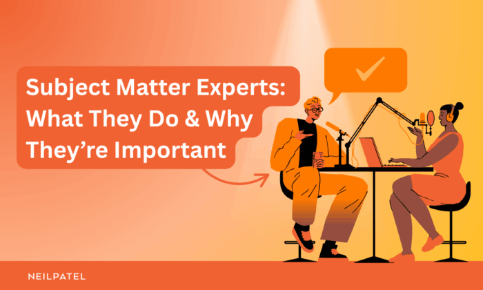 Illustration of two people working at a desk with microphones and text that reads "Subject Matter Experts: What They Do & Why They’re Important."