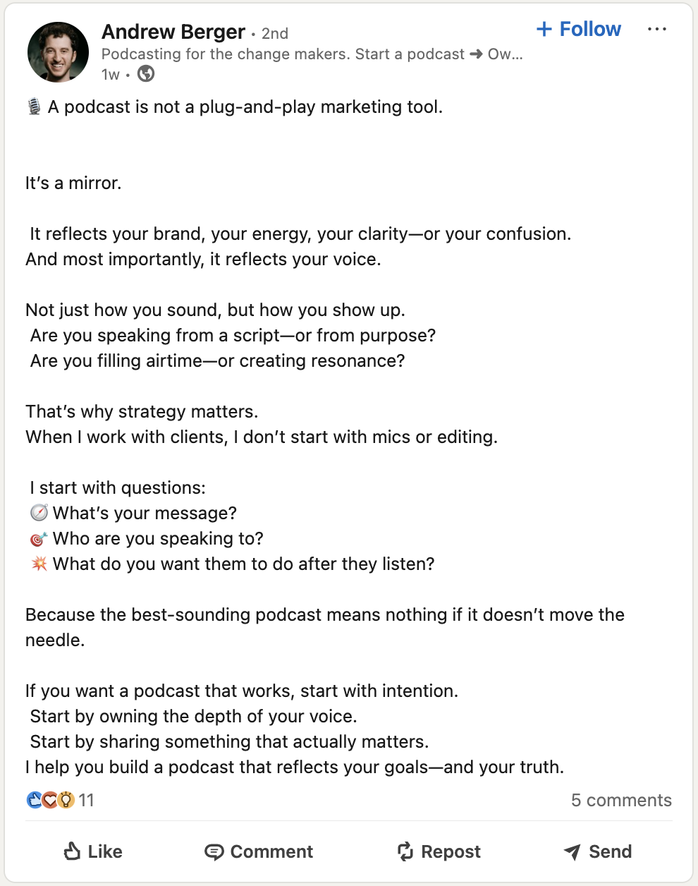 LinkedIn post by Andrew Berger about podcasts.