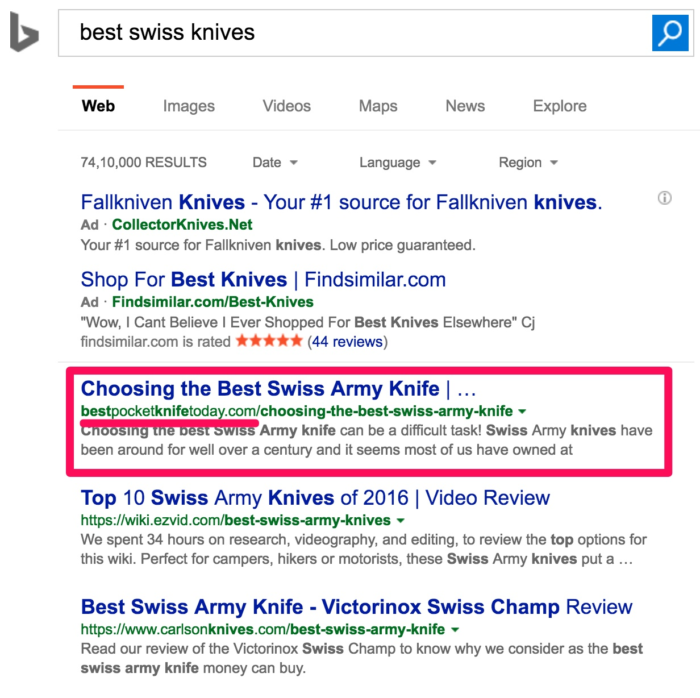bing seo versus google seo search results for "swiss army knives"