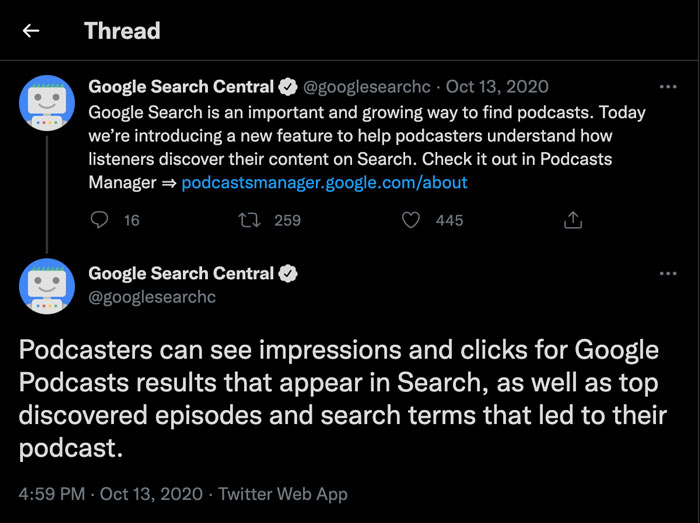 Google Tweet About Google Podcasts Manager