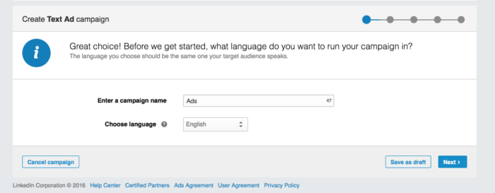 enter campaign name screen for linkedin ads