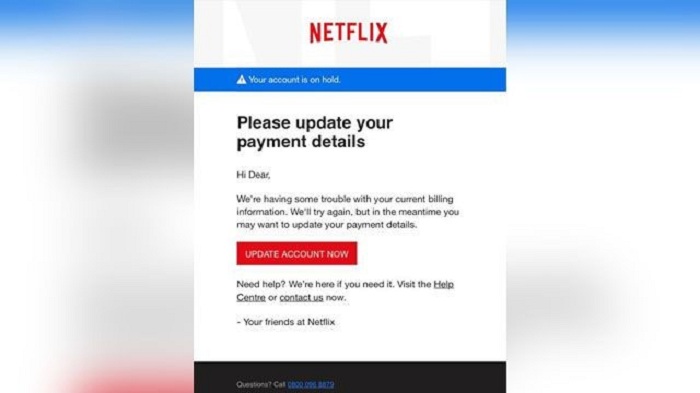 Netflix phishing scam email for website data breach. 