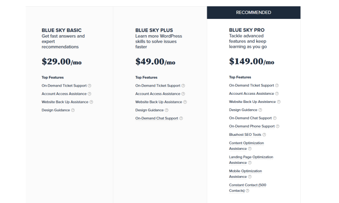 Bluehost Blue Sky pricing for Bluehost Review