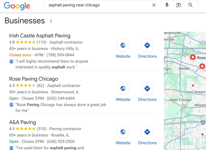 A search for asphalt paving near Chicago.