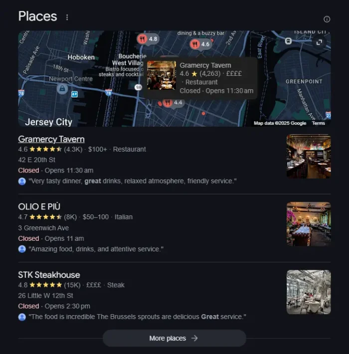 Best restaurants in NYC Google result local search marketing