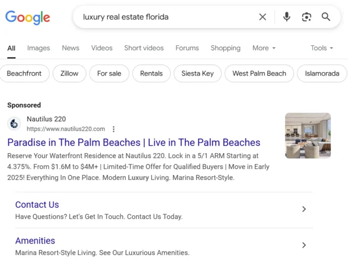 A sponsored ad in the search results for "luxury real estate florida."