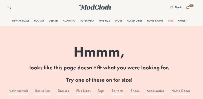 modcloth 404 page for soft 404 errors