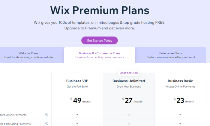 Wix pricing page for Shopify Vs Wix