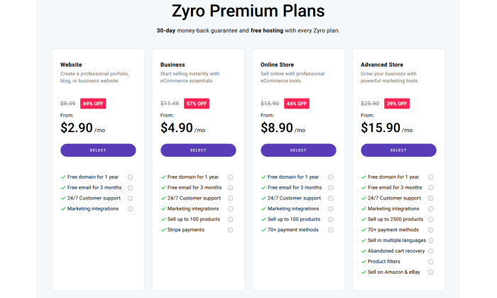 صفحة تسعير Zyro لأفضل منشئي مواقع الويب