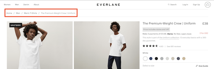 Everlane example of breadcrumbs for better website architecture