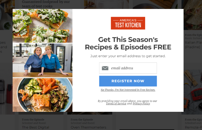 Pop-Up on Websites Examples - America Test Kitchen